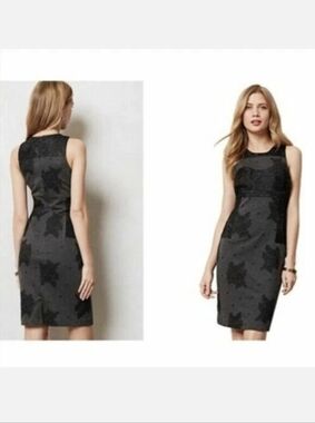 Anthropologie Maeve Lace Flocked Column Dress Gray Black Back Zip Cotton Small
